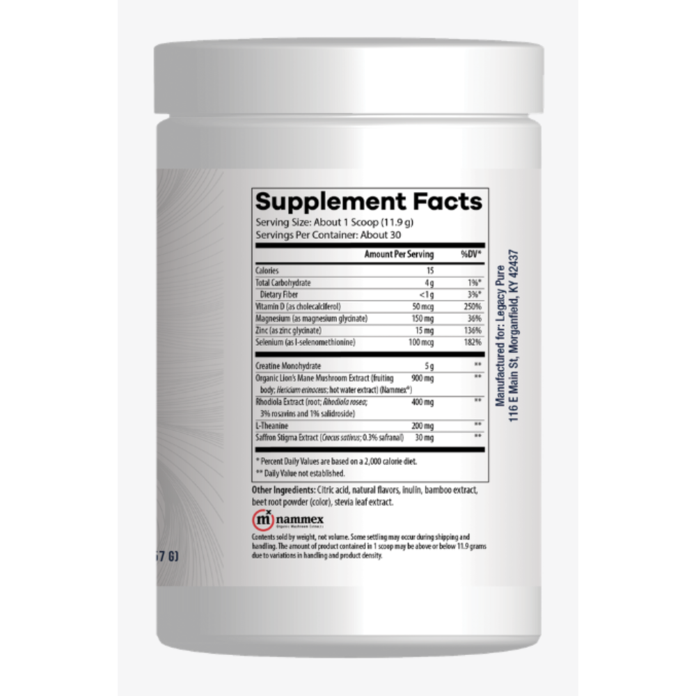 A white plastic supplement bottle showing the Supplement Facts label from the back, with the Namrex logo visible at the bottom left.