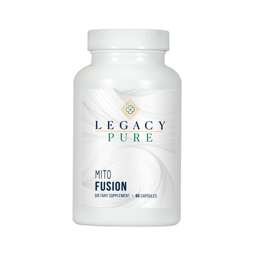 Supplement bottle labeled 'Legacy Pure Mito Fusion' on a white background
