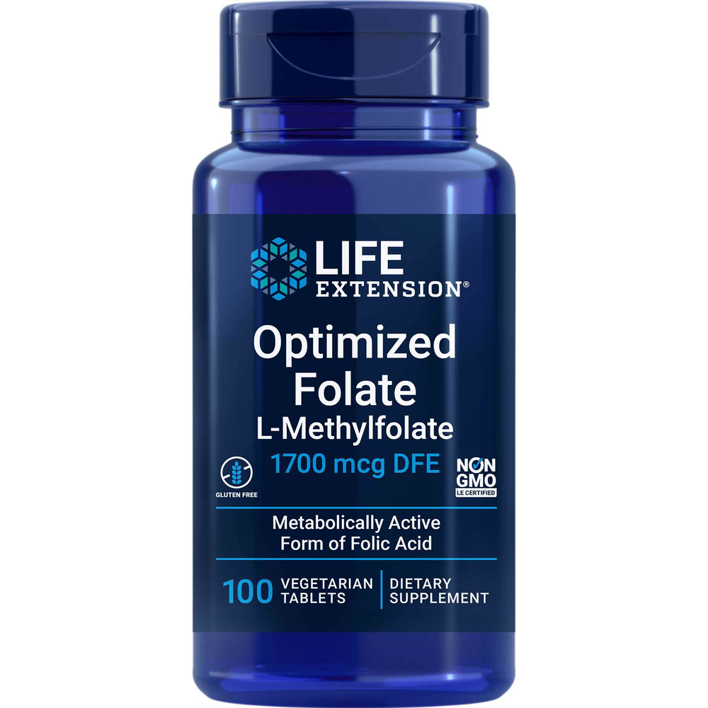 Blue supplement bottle labeled 'Life Extension Optimized Folate L-Methylfolate' on a white background