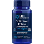 Blue supplement bottle labeled 'Life Extension Optimized Folate L-Methylfolate' on a white background