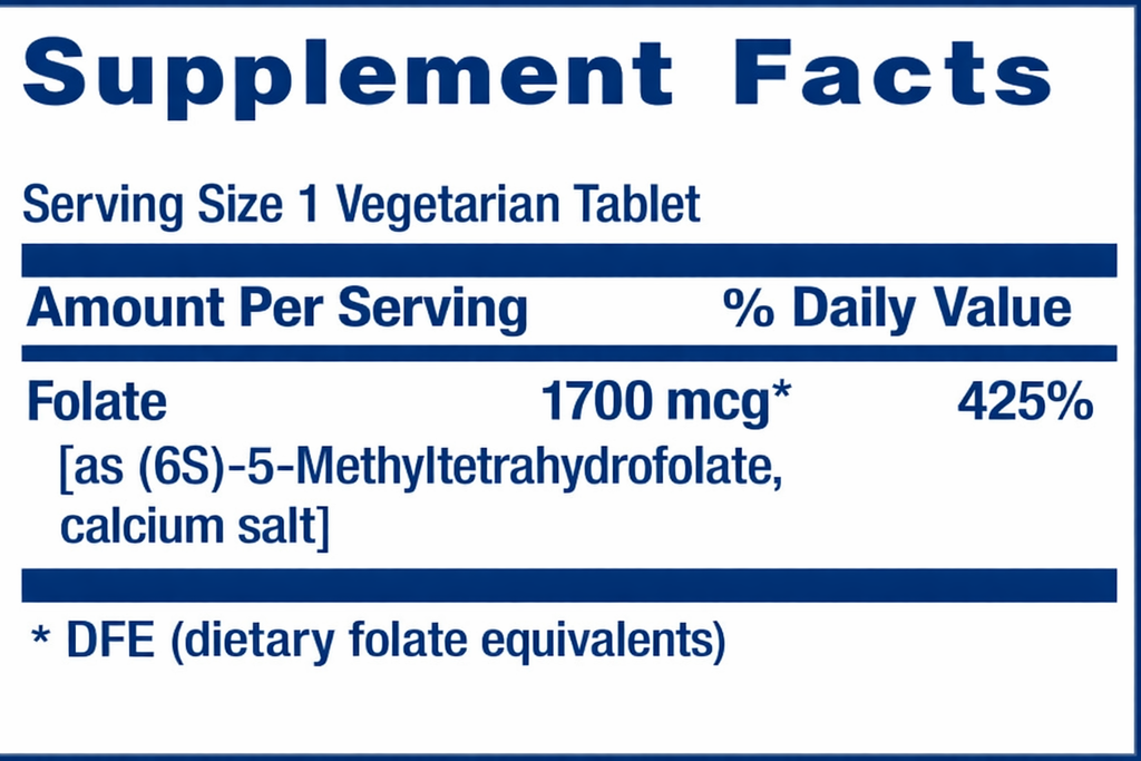 Supplement facts label for a vegetarian tablet with folate content
