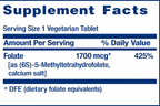Supplement facts label for a vegetarian tablet with folate content
