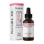 PhytoB-L 4X Bezwecken topical oil blend shown with its white and pink retail box and a dark amber glass dropper bottle on a plain white background.