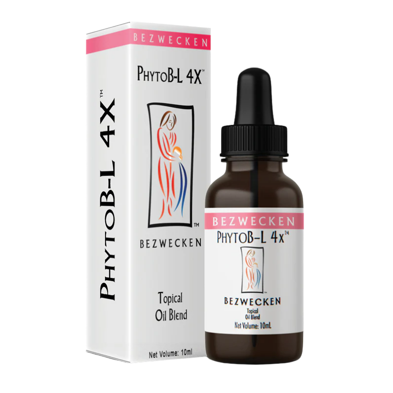 PhytoB-L 4X Bezwecken topical oil blend shown with its white and pink retail box and a dark amber glass dropper bottle on a plain white background.