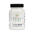 Supplement bottle labeled 'Legacy Pure Vitamin D3+K2' on a white background